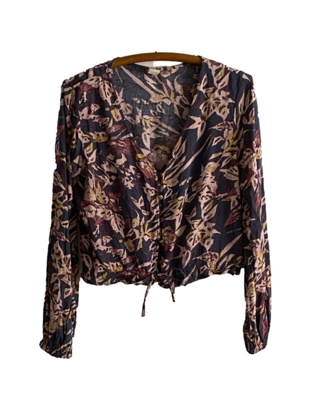 ROXY Top Cropped V-neck Long sleeve Tie at Waist, Elastic Cuffs Multi Color Sz 8